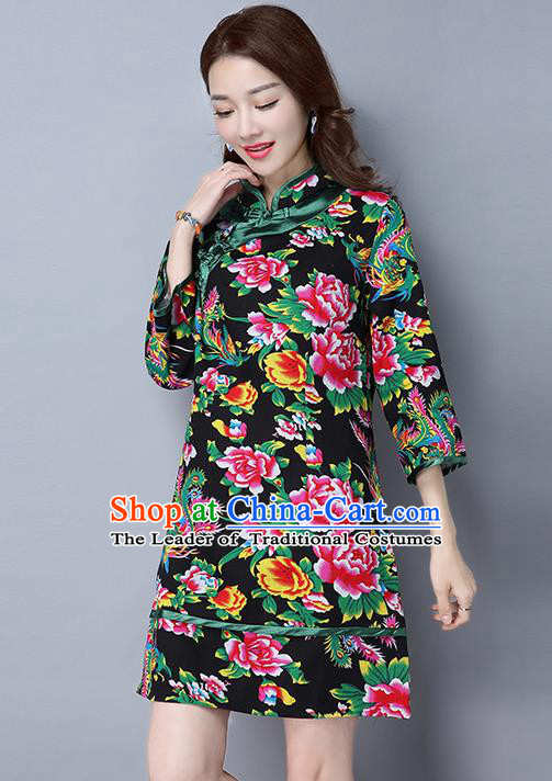 Traditional Ancient Chinese National Costume, Elegant Hanfu Plated Button Green Printing Peony Black Dress, China Tang Suit Cheongsam Dress Upper Outer Garment Dress Clothing for Women