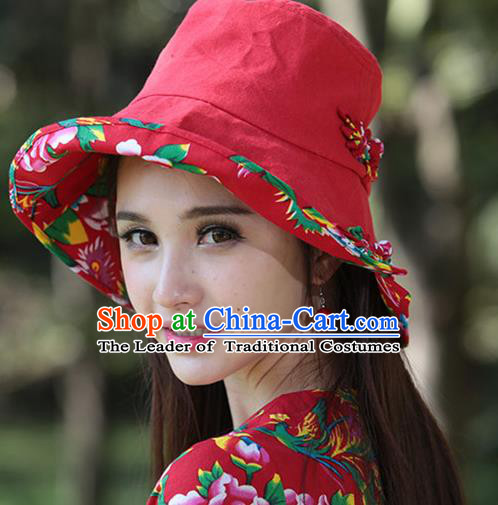 Traditional Chinese National Embroidered Phoenix Crafts Headgear Sunhat, China National Minority Handmade Embroidered Red Hat for Women