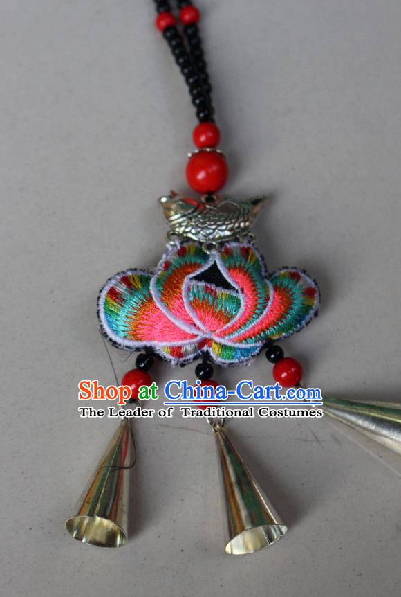 Traditional Chinese Miao Nationality Crafts Jewelry Accessory, Hmong Handmade Bells Tassel Double Side Embroidery Lotus Pendant, Miao Ethnic Minority Bells Necklace Accessories Sweater Chain Pendant for Women