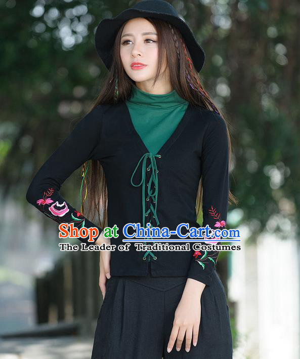 Traditional Ancient Chinese National Costume, Elegant Hanfu Bandage Qipao T-Shirt, China Tang Suit Embroidered Blouse Cheongsam Upper Outer Garment Shirts Clothing for Women