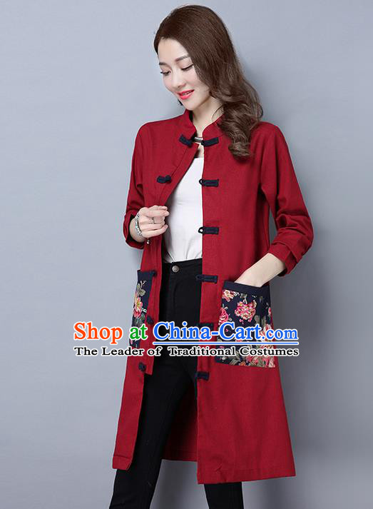 Traditional Ancient Chinese National Costume, Elegant Hanfu Long Coat, China Tang Suit Plated Buttons Coats, Upper Outer Garment Red Dust Coat Clothing for Women
