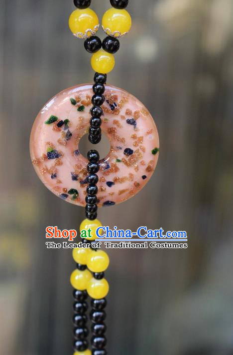 Traditional Chinese Miao Nationality Crafts Jewelry Accessory, Hmong Handmade Yellow Beads Tassel Pendant, Miao Ethnic Minority Necklace Accessories Sweater Chain Pendant for Women