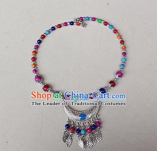 Traditional Chinese Miao Nationality Crafts Jewelry Accessory, Hmong Handmade Miao Silver Bells Tassel Collar, Miao Ethnic Minority Beads Necklace Accessories Headwear for Women