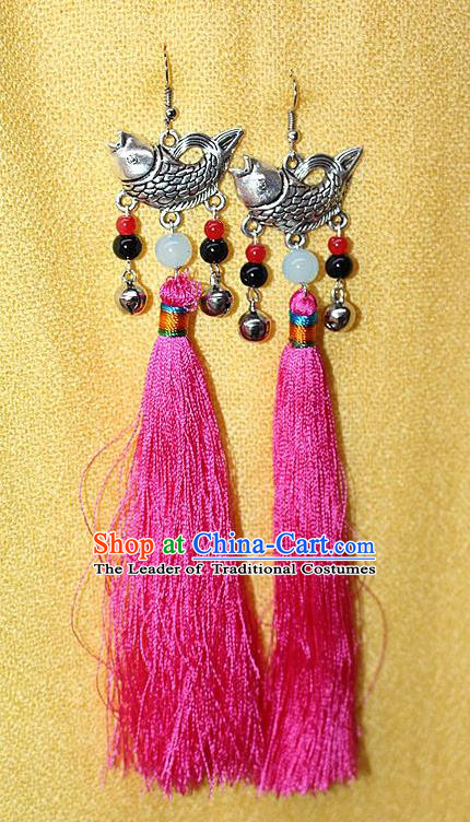 Traditional Chinese Miao Nationality Crafts Jewelry Accessory Classical Earbob Accessories, Hmong Handmade Miao Silver Fish Palace Lady Pink Silk Tassel Earrings, Miao Ethnic Minority Eardrop for Women