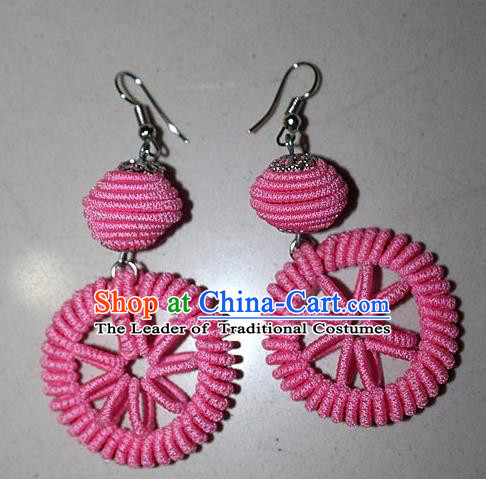 Traditional Chinese Miao Nationality Crafts Jewelry Accessory Classical Earbob Accessories, Hmong Handmade Kinking Palace Lady Round Pink Earrings, Miao Ethnic Minority Weave Eardrop for Women