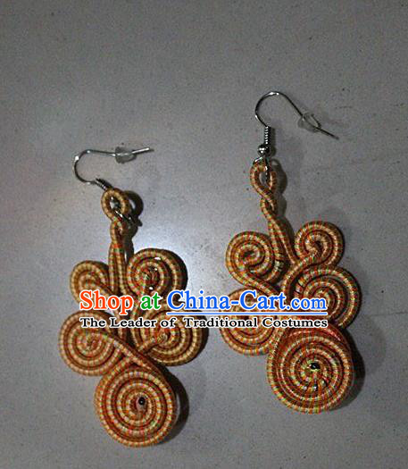 Traditional Chinese Miao Nationality Crafts Jewelry Accessory Classical Earbob Accessories, Hmong Handmade Kinking Palace Lady Yellow Earrings, Miao Ethnic Minority Weave Eardrop for Women