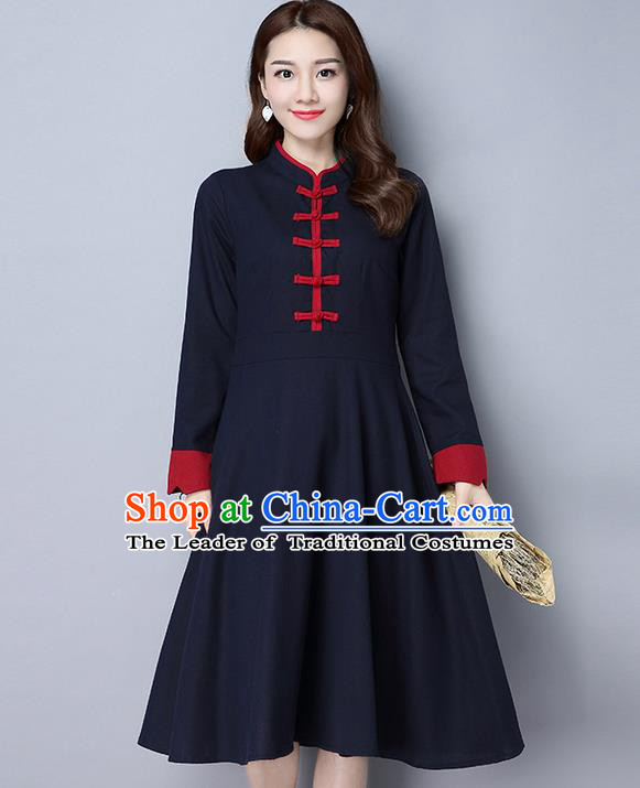 Traditional Ancient Chinese National Costume, Elegant Hanfu Stand Collar Plated Buttons Navy Dress, China Tang Suit Cheongsam Dress Upper Outer Garment Dress Clothing for Women