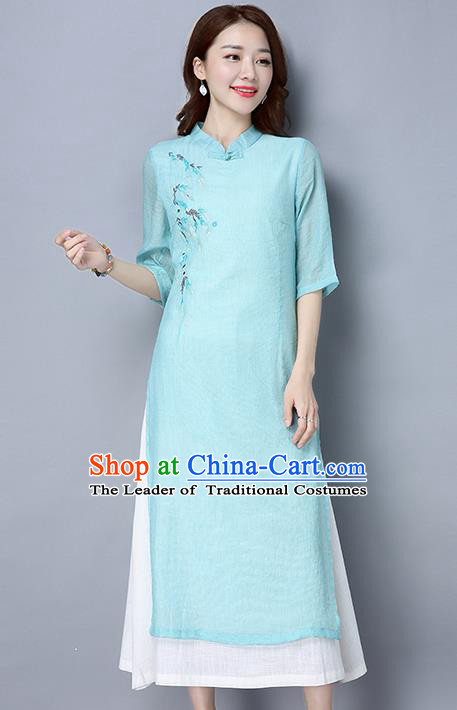 Traditional Ancient Chinese National Costume, Elegant Hanfu Mandarin Qipao Embroidered Dress, China Tang Suit Cheongsam Upper Outer Garment Light Blue Elegant Dress Clothing for Women