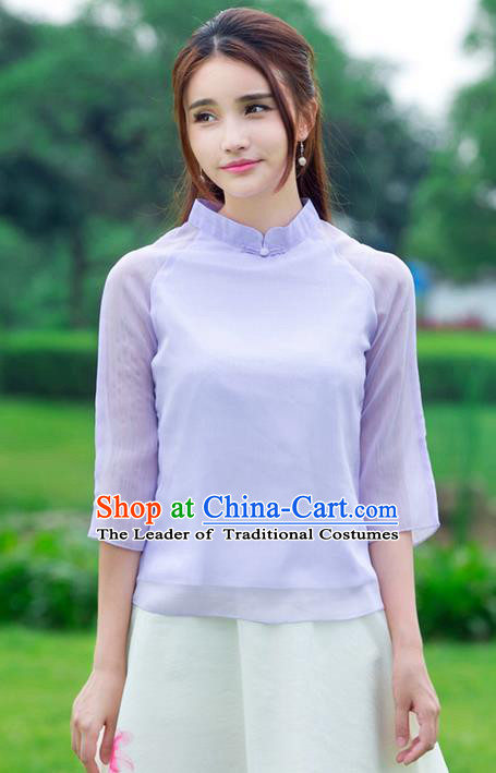 Traditional Ancient Chinese National Costume, Elegant Hanfu Plated Buttons Chiffon Shirt, China Tang Suit Blouse Cheongsam Upper Outer Garment Purple Qipao Shirts Clothing for Women