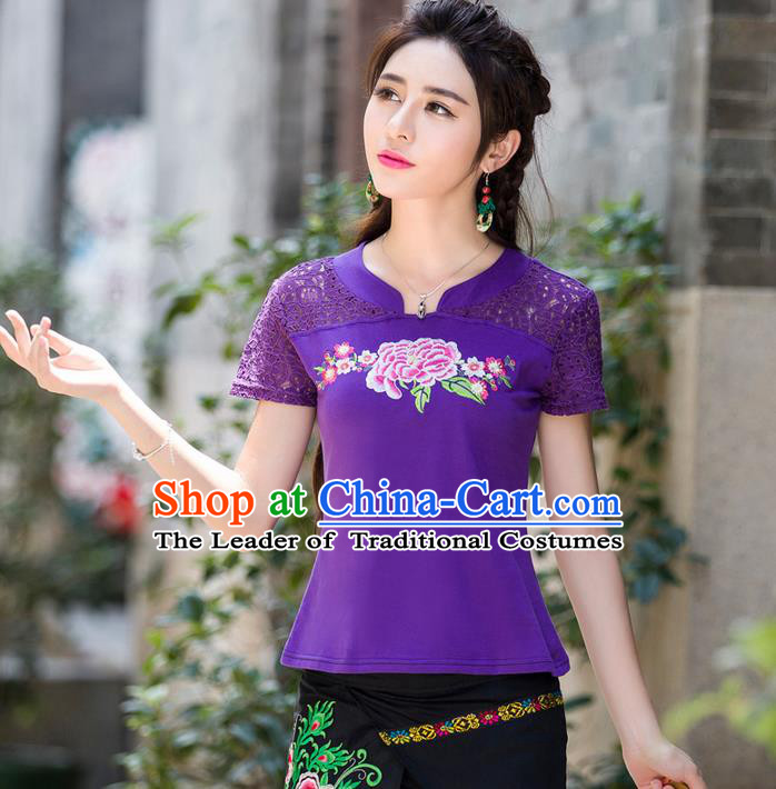 Traditional Ancient Chinese National Costume, Elegant Hanfu Embroidery Peony Flowers Lace Purple Shirt, China Tang Suit Blouse Cheongsam Upper Outer Garment Qipao Shirts Clothing for Women