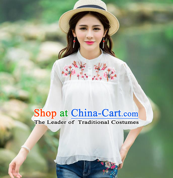 Traditional Ancient Chinese National Costume, Elegant Hanfu Embroidered Flowers Shirt, China Tang Suit Mandarin Collar Blouse Cheongsam Qipao Shirts Clothing for Women