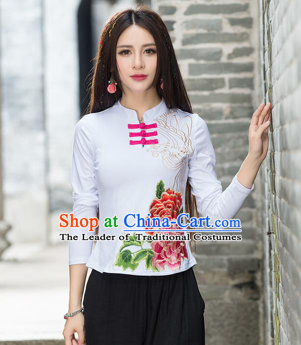 Traditional Ancient Chinese National Costume, Elegant Hanfu Embroidered Peony Flowers Plated Buttons T-Shirt, China Tang Suit Mandarin Collar White Blouse Cheongsam Qipao Base Shirts Clothing for Women
