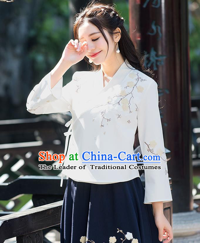 Traditional Ancient Chinese National Costume, Elegant Hanfu Beige T-Shirt,  China Tang Suit Embroidered Blouse Cheongsam