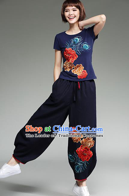 Traditional Chinese National Costume Plus Fours, Elegant Hanfu Embroidered Navy Bloomers, China Ethnic Minorities Tang Suit Pantalettes for Women
