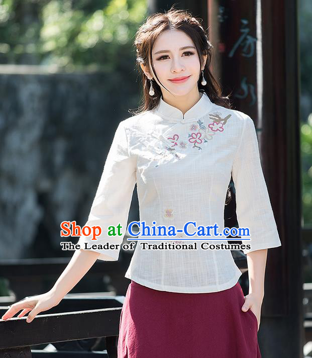 Traditional Ancient Chinese National Costume, Elegant Hanfu Linen Stand Collar Embroidered Shirt, China Tang Suit Mandarin Collar Blouse Cheongsam Qipao Shirts Clothing for Women