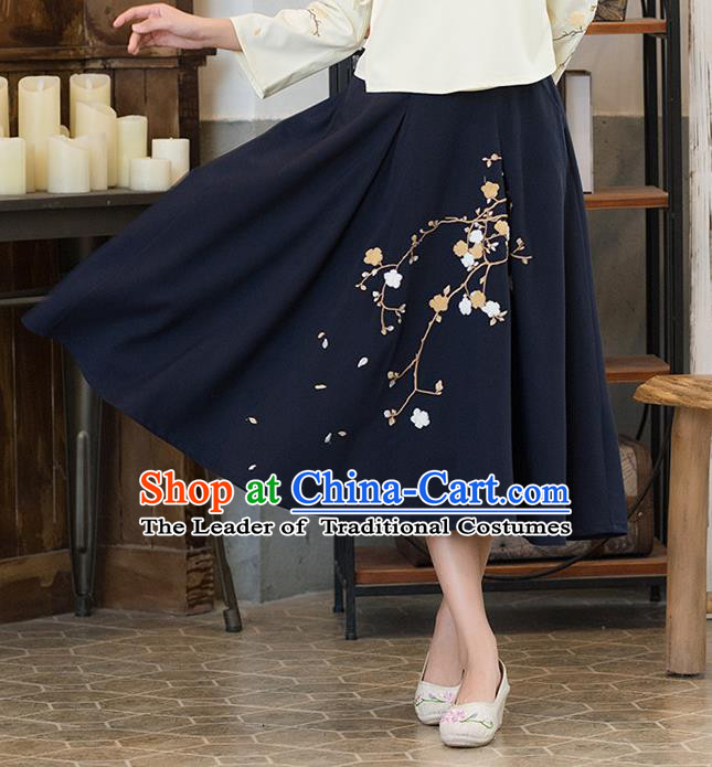 Traditional Ancient Chinese National Pleated Skirt Costume, Elegant Hanfu Embroidered Long Dress, China Tang Suit Royalblue Bust Skirt for Women