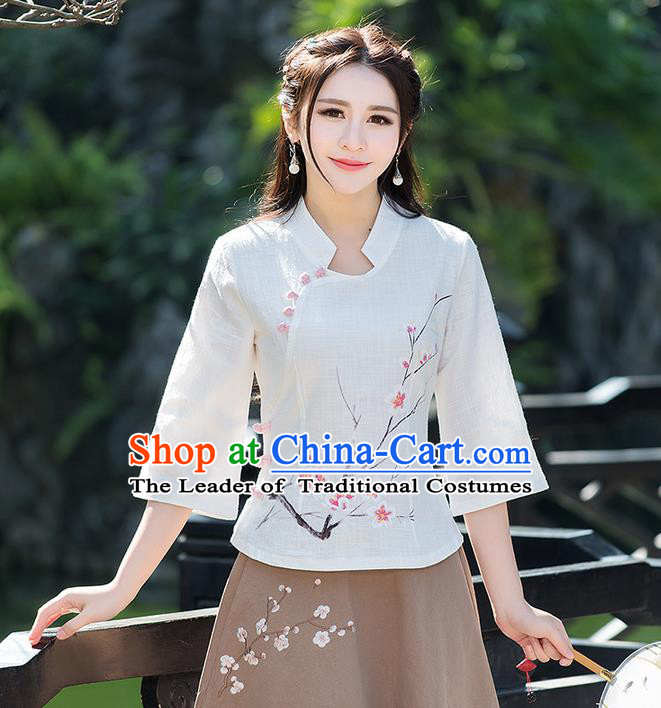 Traditional Ancient Chinese National Costume, Elegant Hanfu Embroidered Peach Flower White Shirt, China Ming Dynasty Tang Suit Blouse Cheongsam Qipao Shirts Clothing for Women