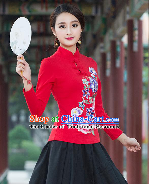 Traditional Chinese National Costume, Elegant Hanfu Embroidery Flowers Stand Collar Red T-Shirt, China Tang Suit Plated Buttons Blouse Cheongsam Upper Outer Garment Qipao Shirts Clothing for Women