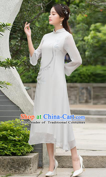 Traditional Ancient Chinese National Costume, Elegant Hanfu Mandarin Qipao Ink Painting Chiffon Dress, China Tang Suit Cheongsam Upper Outer Garment Elegant Dress Clothing for Women