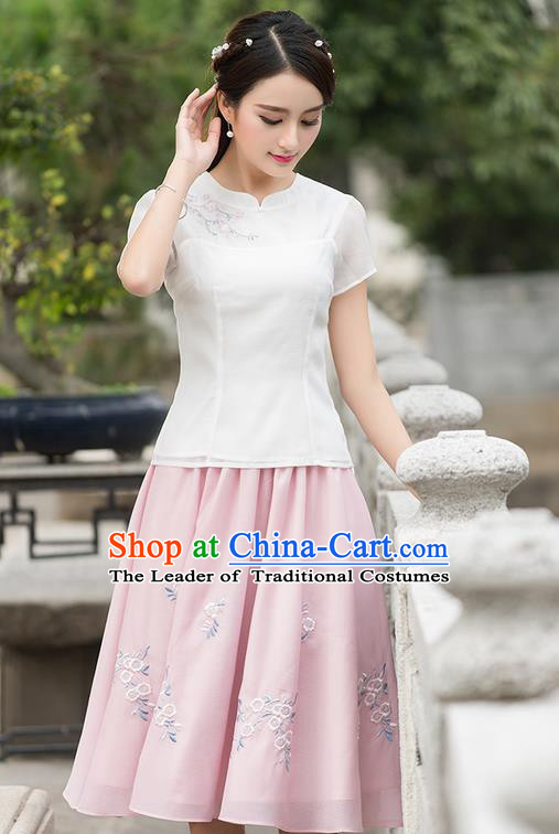Traditional Ancient Chinese National Pleated Skirt Costume, Elegant Hanfu Embroidered Organza Long Dress, China Tang Suit Pink Bust Skirt for Women