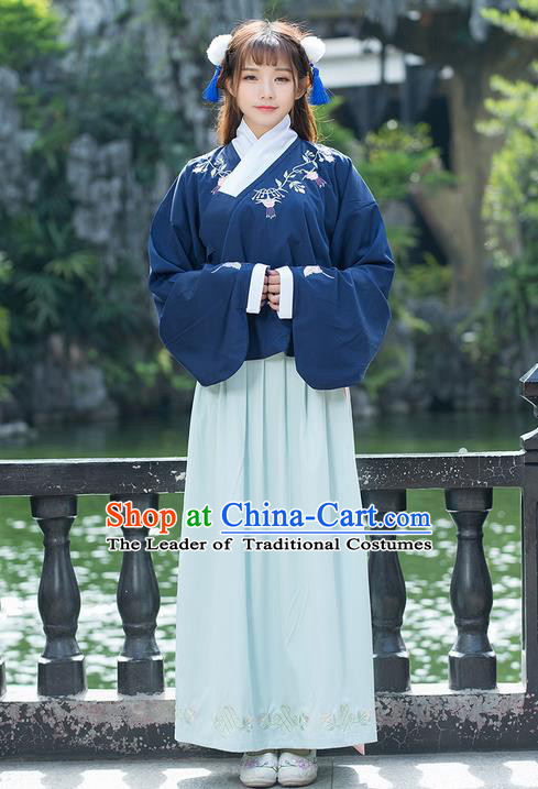 Traditional Ancient Chinese Costume, Elegant Hanfu Clothing Embroidered Sleeve Placket Blue Blouse and Dress, China Ming Dynasty Elegant Slant Opening Blouse and Skirt Complete Set for Women