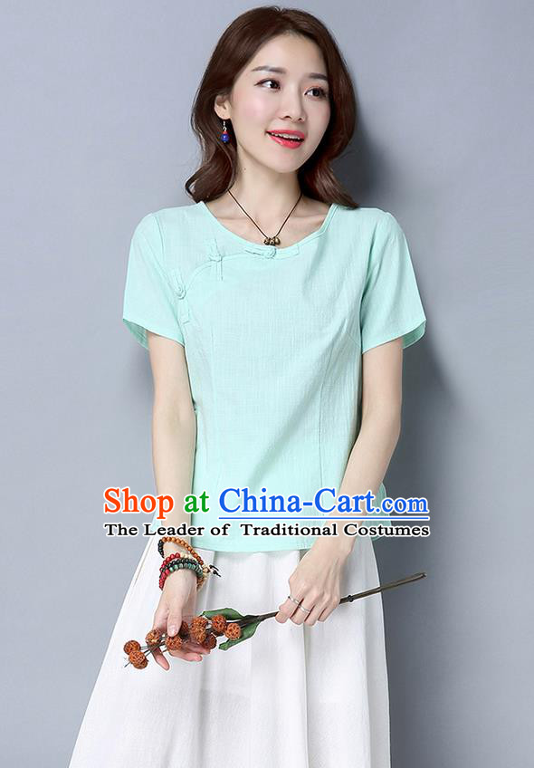 Traditional Chinese National Costume, Elegant Hanfu Slant Opening Blue T-Shirt, China Tang Suit Republic of China Plated Buttons Blouse Cheongsam Upper Outer Garment Qipao Shirts Clothing for Women