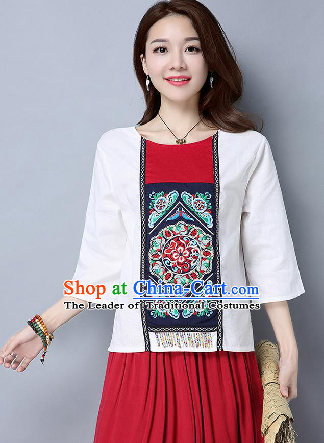 Traditional Chinese National Costume, Elegant Hanfu Embroidery Round Collar White T-Shirt, China Miao National Minority Tang Suit Blouse Cheongsam Upper Outer Garment Shirts Clothing for Women