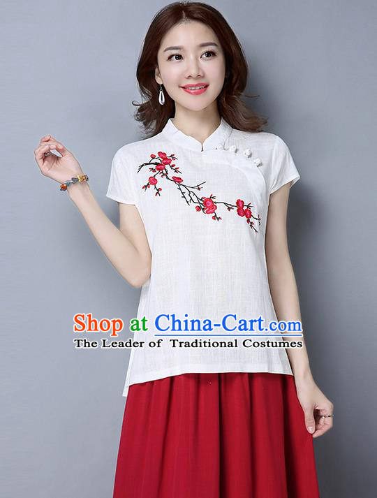 Traditional Chinese National Costume, Elegant Hanfu Embroidery Flowers Slant Opening White T-Shirt, China Tang Suit Republic of China Plated Buttons Blouse Cheongsam Upper Outer Garment Qipao Shirts Clothing for Women
