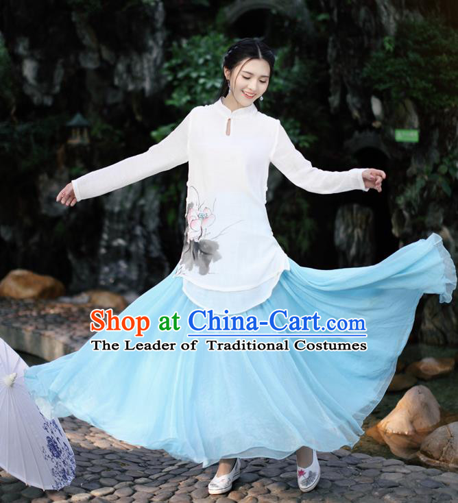 Traditional Ancient Chinese National Pleated Skirt Costume, Elegant Hanfu Chiffon Long Blue Dress, China Tang Dynasty Bust Skirt for Women