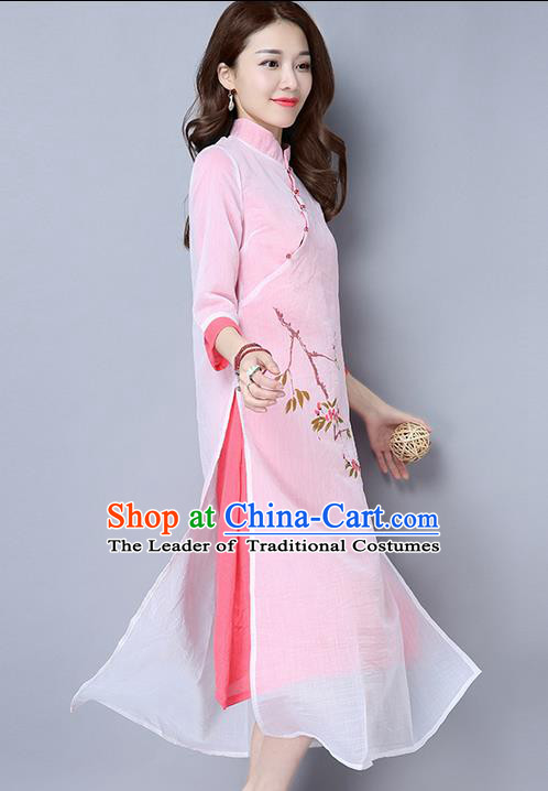 Traditional Ancient Chinese National Costume, Elegant Hanfu Mandarin Qipao Double-Deck Printing Pink Dress, China Tang Suit Linen Chirpaur Republic of China Cheongsam Upper Outer Garment Elegant Dress Clothing for Women