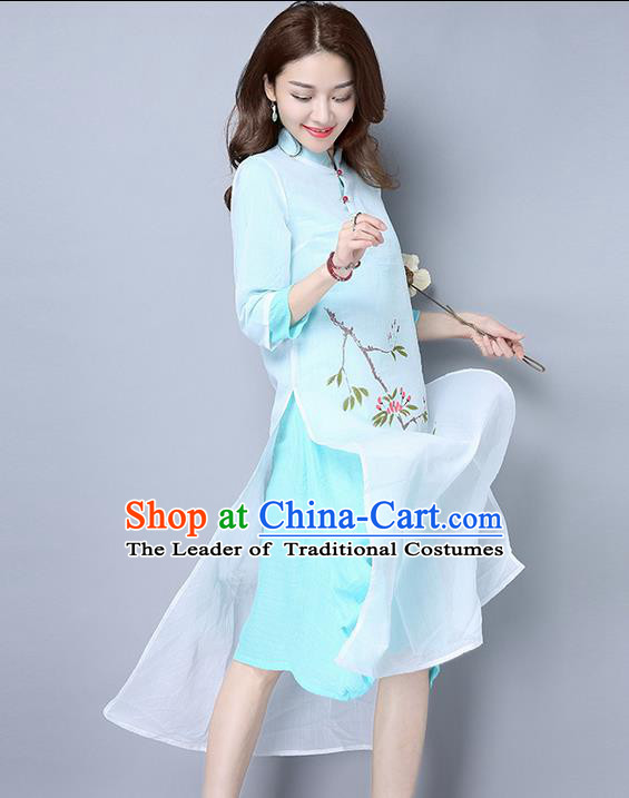 Traditional Ancient Chinese National Costume, Elegant Hanfu Mandarin Qipao Double-Deck Printing Blue Dress, China Tang Suit Linen Chirpaur Republic of China Cheongsam Upper Outer Garment Elegant Dress Clothing for Women