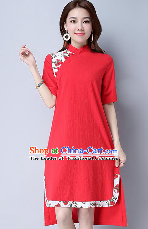 Traditional Ancient Chinese National Costume, Elegant Hanfu Mandarin Qipao Linen Red Dress, China Tang Suit Chirpaur Cheongsam Upper Outer Garment Elegant Dress Clothing for Women