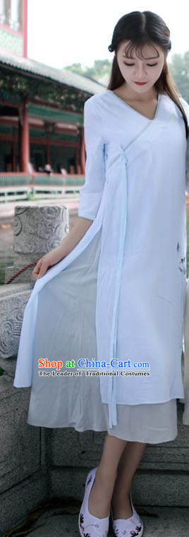 Traditional Ancient Chinese National Costume, Elegant Hanfu Mandarin Qipao Linen Painting Lotus Beige Dress, China Tang Suit Chirpaur Republic of China Cheongsam Upper Outer Garment Elegant Dress Clothing for Women