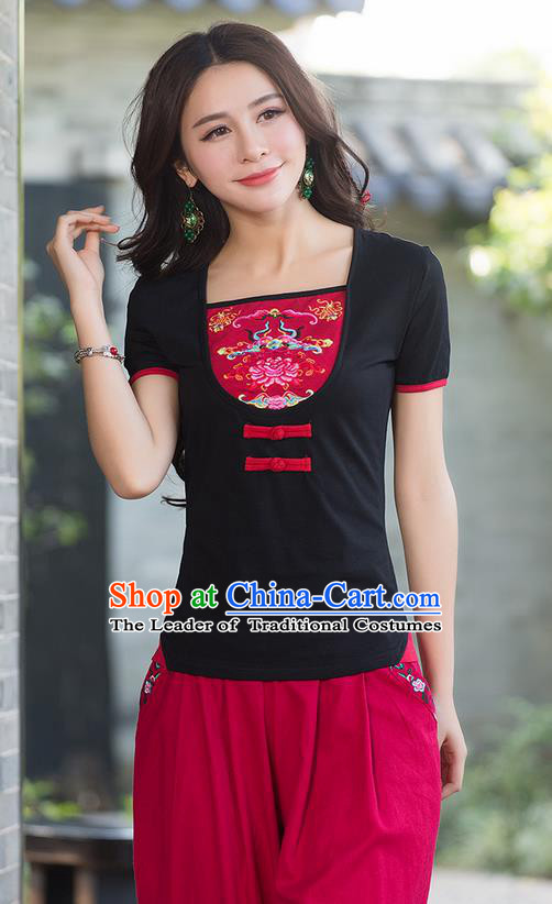Traditional Chinese National Costume, Elegant Hanfu Embroidery Flowers Chinese-Style Chest Covering Model Black T-Shirt, China Tang Suit Republic of China Plated Buttons Blouse Cheongsam Upper Outer Garment Qipao Shirts Clothing for Women