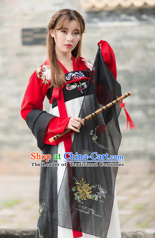 Traditional Ancient Chinese Costume, Elegant Hanfu Clothing Embroidered Red Blouse and Dress, China Tang Dynasty Princess Elegant Blouse and Skirt Complete Set for Women