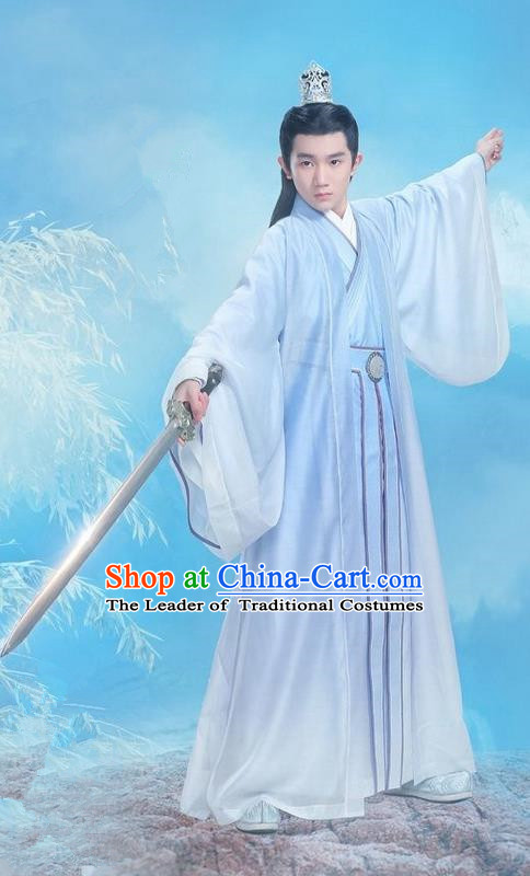 Traditional Ancient Chinese Elegant Swordsman Costume, Chinese Han Dynasty Jiang Hu Swordsman Robe, Cosplay Prince Nobility Childe Chinese Bladesman Hanfu Clothing for Men