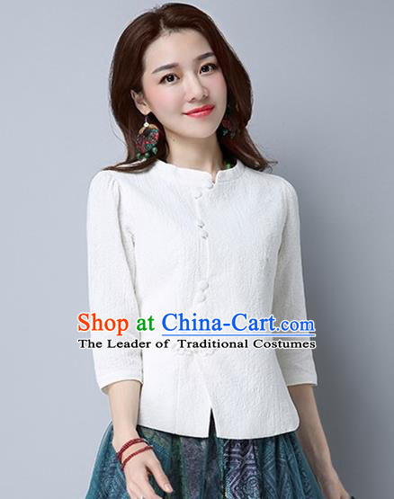 Traditional Chinese National Costume, Elegant Hanfu Slant Opening White Shirt, China Tang Suit Republic of China Stand Collar Blouse Cheongsam Upper Outer Garment Qipao Shirts Clothing for Women