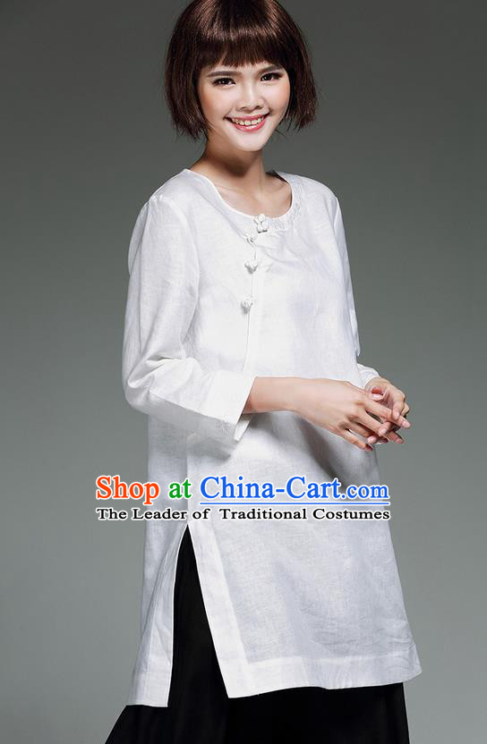 Traditional Chinese National Costume, Elegant Hanfu Embroidery Slant Opening Long White Shirt, China Tang Suit Republic of China Plated Buttons Blouse Cheongsam Upper Outer Garment Qipao Shirts Clothing for Women