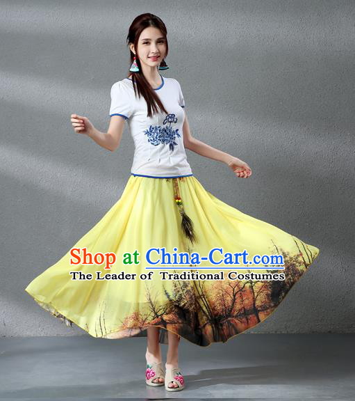 Traditional Ancient Chinese National Pleated Skirt Costume, Elegant Hanfu Chiffon Peacock Feathers Painting Yellow Dress, China Tang Dynasty Big Swing Bust Skirt for Women