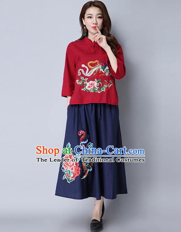 Traditional Ancient Chinese National Pleated Skirt Costume, Elegant Hanfu Linen Embroidery Peony Phoenix Long Navy Dress, China Tang Suit Bust Skirt for Women
