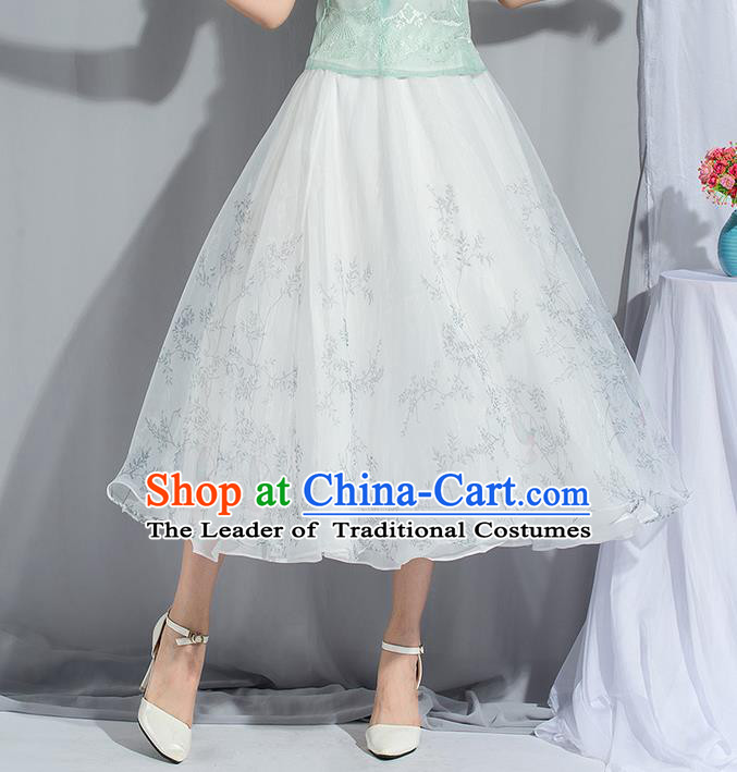 Traditional Ancient Chinese National Pleated Skirt Costume, Elegant Hanfu Chiffon Long White Dress, China Tang Dynasty Bust Skirt for Women