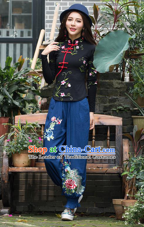 Traditional Chinese National Costume Plus Fours, Elegant Hanfu Patch Embroidery Butterfly Navy Bloomers, China Ethnic Minorities Folk Dance Tang Suit Pantalettes for Women