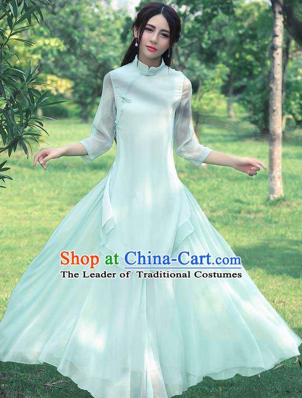 Traditional Chinese National Costume, Elegant Hanfu Silk Slant Opening Long Green Blouse, China Tang Suit Republic of China Plated Buttons Blouse Cheongsam Upper Outer Garment Qipao Shirts Clothing for Women