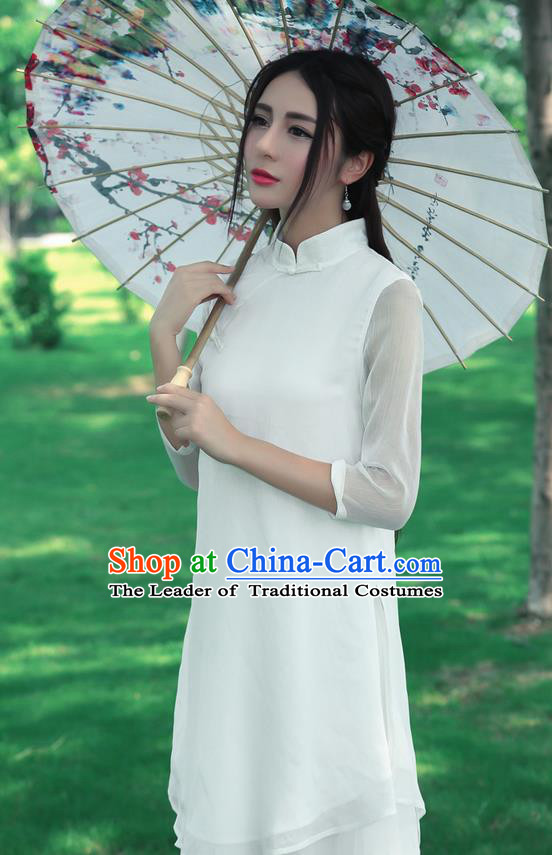 Traditional Chinese National Costume, Elegant Hanfu Silk Slant Opening Long White Blouse, China Tang Suit Republic of China Plated Buttons Blouse Cheongsam Upper Outer Garment Qipao Shirts Clothing for Women