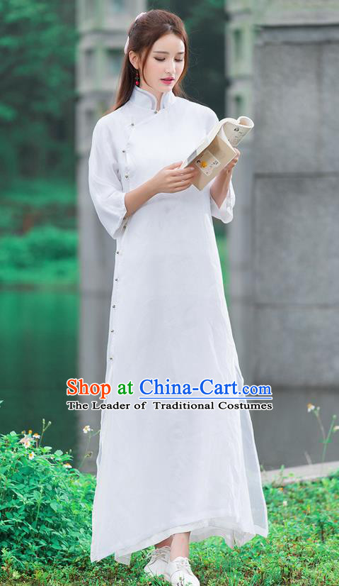 Traditional Ancient Chinese National Pleated Skirt Costume, Elegant Hanfu Organza Slant Opening Long White Dress, China Tang Suit Stand Collar Chirpaur Republic of China Cheongsam Upper Outer Garment Elegant Dress Clothing for Women