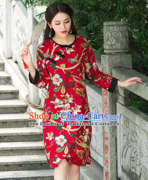 Traditional Ancient Chinese National Costume, Elegant Hanfu Mandarin Qipao Linen Painting Red Dress, China Tang Suit Chirpaur Republic of China Stand Collar Cheongsam Upper Outer Garment Elegant Dress Clothing for Women