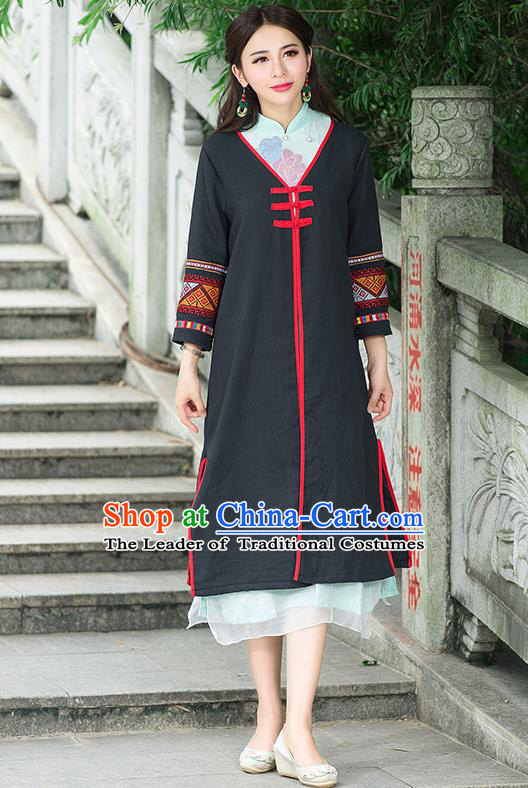 Traditional Ancient Chinese National Costume, Elegant Hanfu Black Embroidery Coat Robes, China Tang Suit Plated Buttons Cape, Upper Outer Garment Dust Coat Clothing for Women