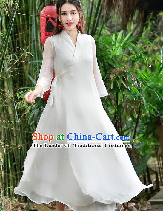 Traditional Ancient Chinese National Pleated Skirt Costume, Elegant Hanfu Mulberry Silk Slant Opening Long White Dress, China Tang Suit Chirpaur Republic of China Cheongsam Upper Outer Garment Elegant Dress Clothing for Women
