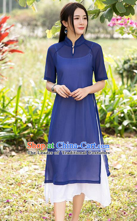 Traditional Ancient Chinese National Costume, Elegant Hanfu Mandarin Qipao Stand Collar Two-Piece Navy Chiffon Dress, China Tang Suit Plated Buttons Chirpaur Republic of China Cheongsam Upper Outer Garment Elegant Dress Clothing for Women