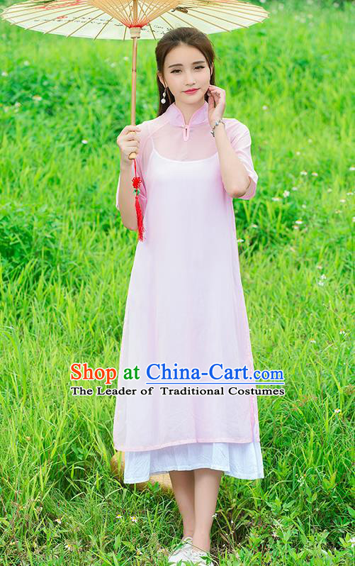Traditional Ancient Chinese National Costume, Elegant Hanfu Mandarin Qipao Stand Collar Two-Piece Pink Chiffon Dress, China Tang Suit Plated Buttons Chirpaur Republic of China Cheongsam Upper Outer Garment Elegant Dress Clothing for Women
